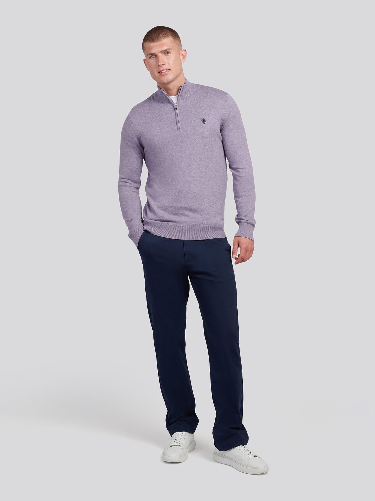 Mens Cotton Funnel Neck 1/4 Zip Knit in Dusk