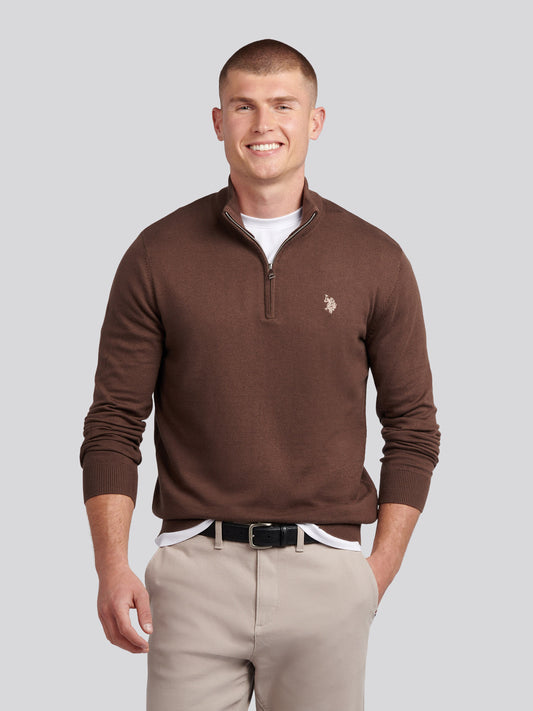 Mens Cotton Funnel Neck 1/4 Zip Knit in Chocolate Martini