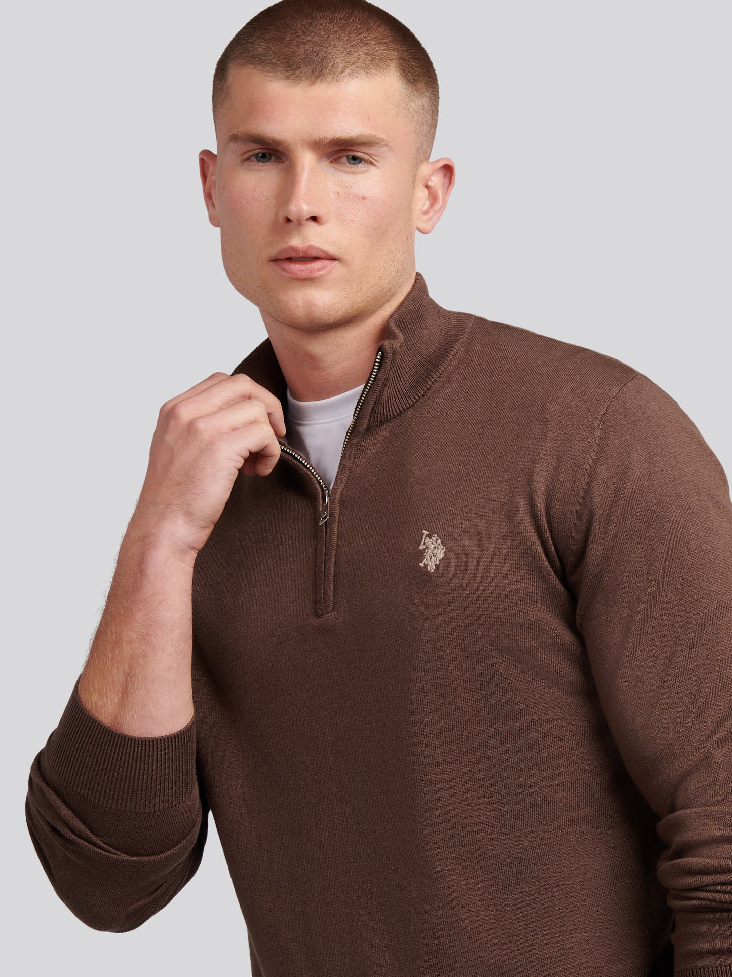 Mens Cotton Funnel Neck 1/4 Zip Knit in Chocolate Martini