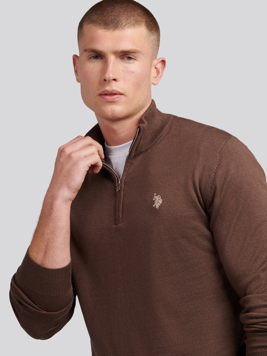 Mens Cotton Funnel Neck 1/4 Zip Knit in Chocolate Martini