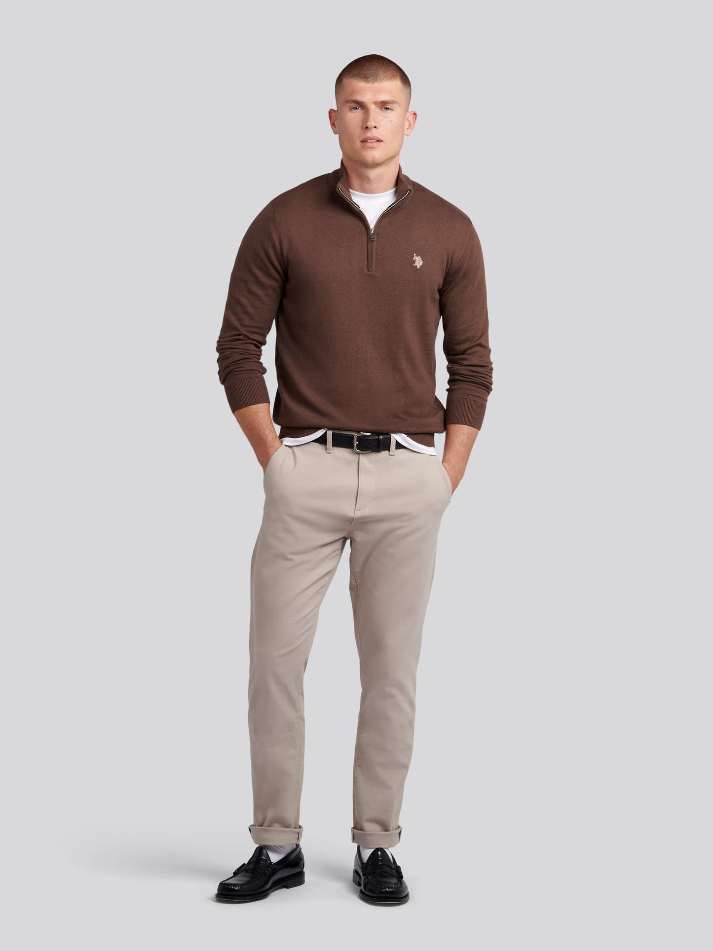 Mens Cotton Funnel Neck 1/4 Zip Knit in Chocolate Martini