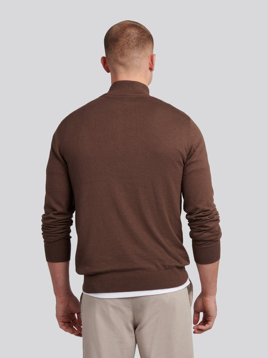 Mens Cotton Funnel Neck 1/4 Zip Knit in Chocolate Martini
