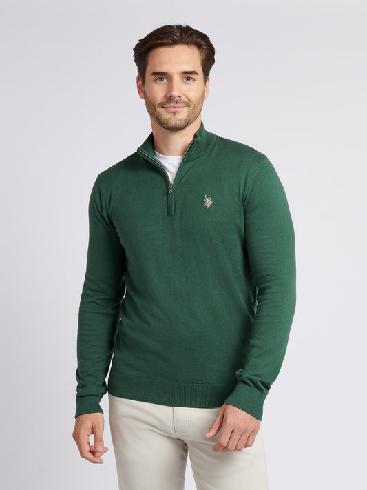 Mens Cotton Funnel Neck 1/4 Zip Knit in Pineneedle