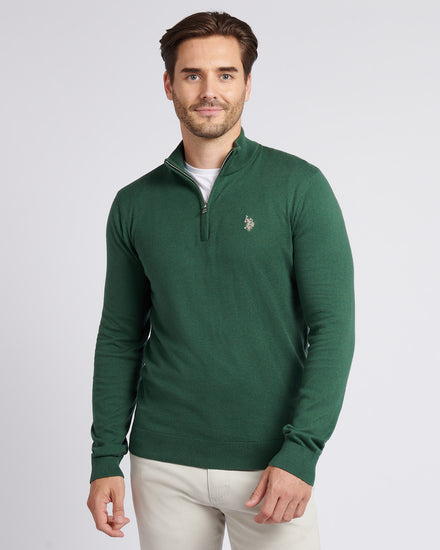 Mens Cotton Funnel Neck 1/4 Zip Knit in Pineneedle