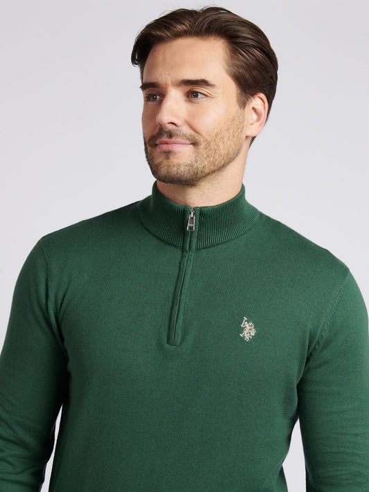 Mens Cotton Funnel Neck 1/4 Zip Knit in Pineneedle