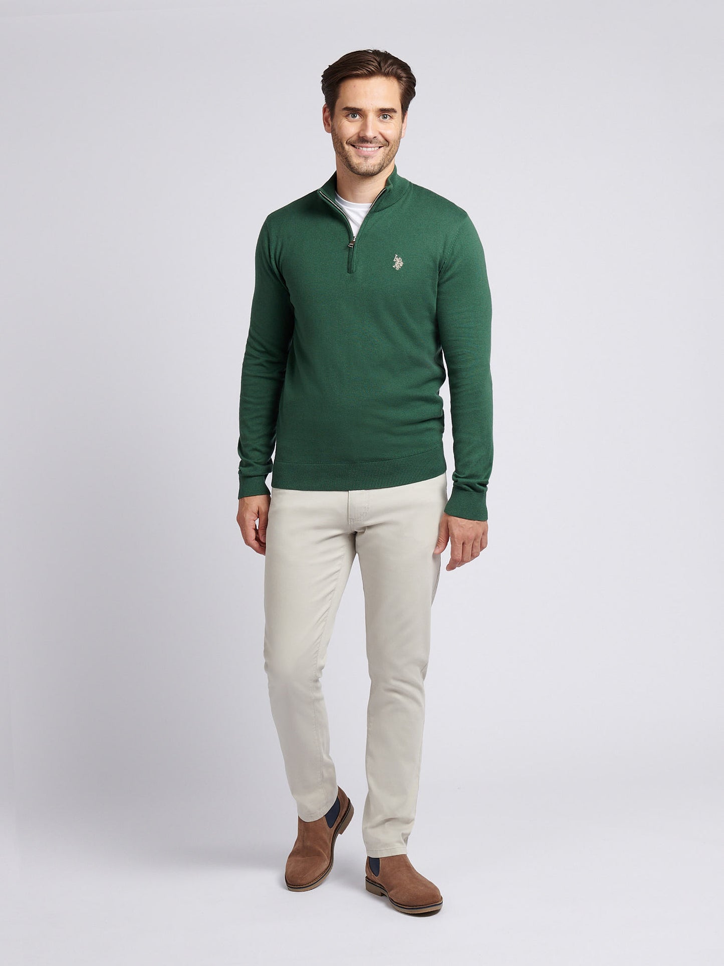 Mens Cotton Funnel Neck 1/4 Zip Knit in Pineneedle
