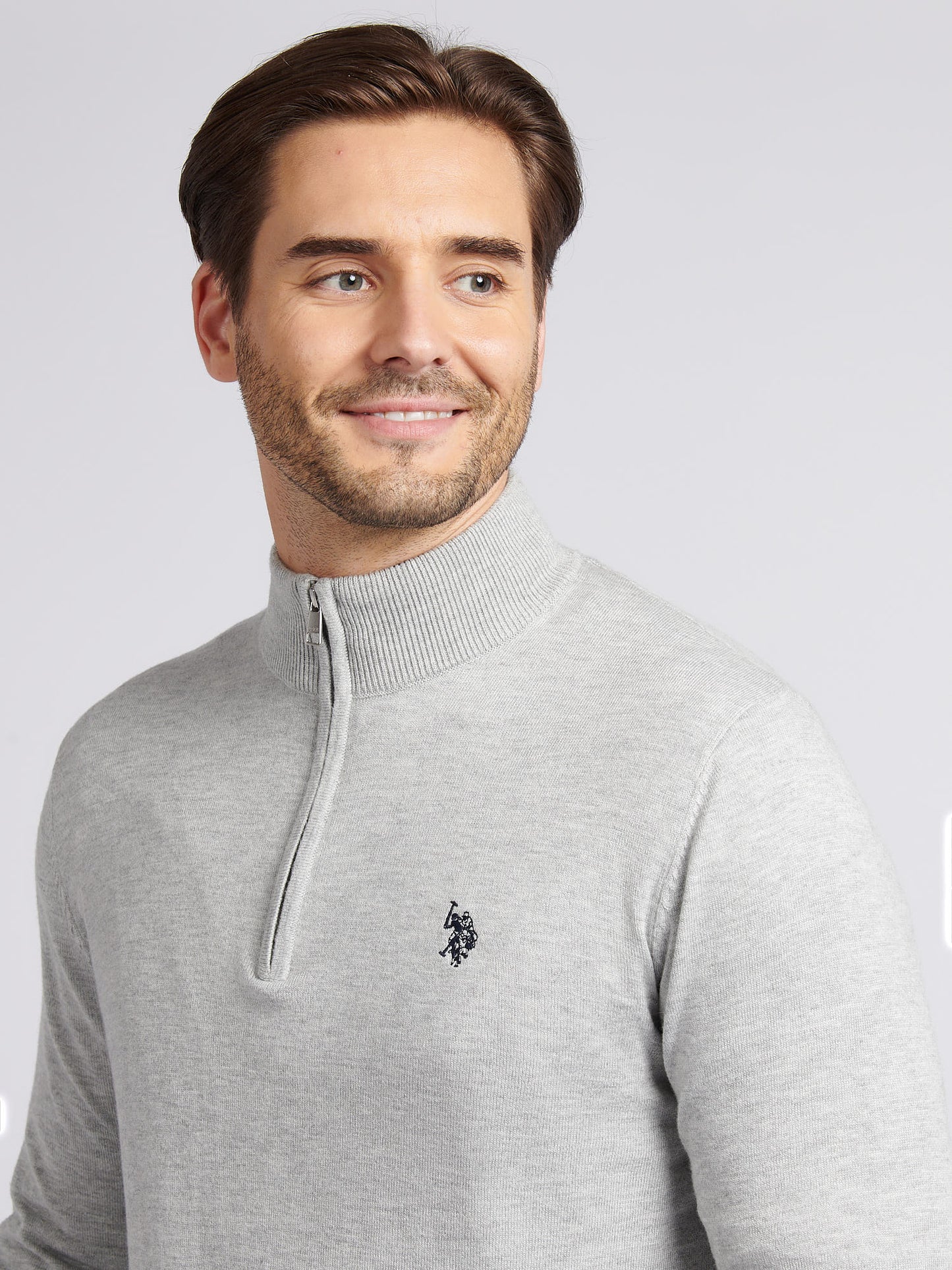 Mens Cotton Funnel Neck 1/4 Zip Knit in Mid Grey Marl
