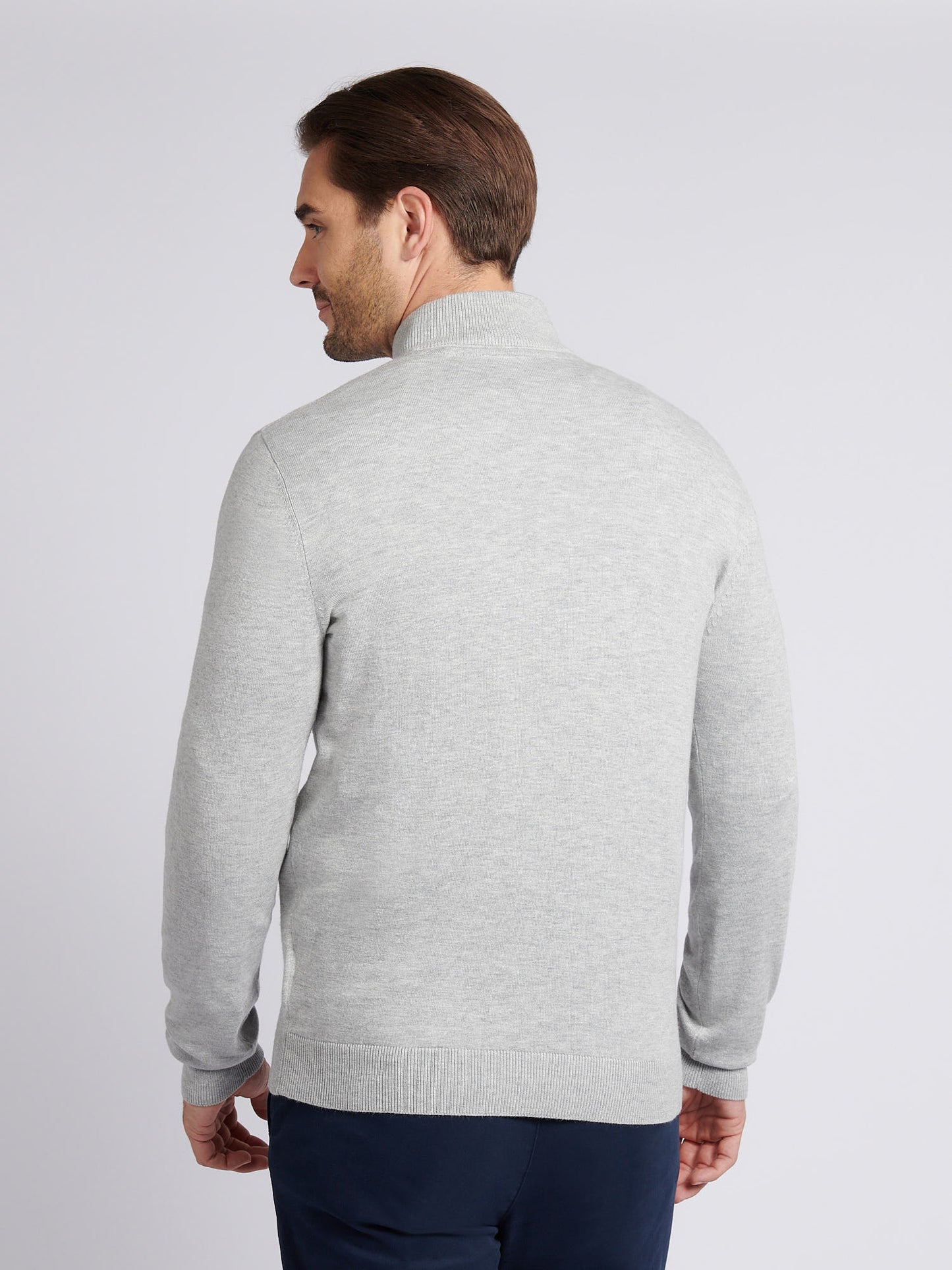 Mens Cotton Funnel Neck 1/4 Zip Knit in Mid Grey Marl