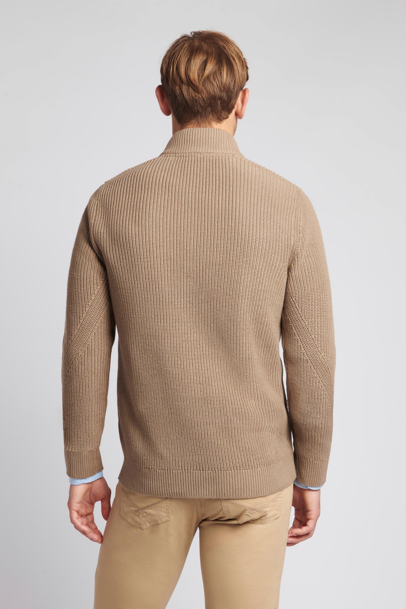 Mens Textured Quarter Zip Knit Sweatshirt in Greige / Navy Blazer