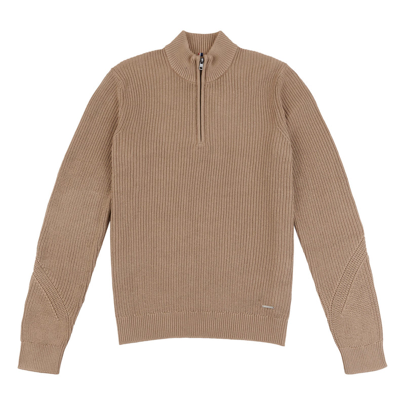 Mens Textured Quarter Zip Knit Sweatshirt in Greige / Navy Blazer