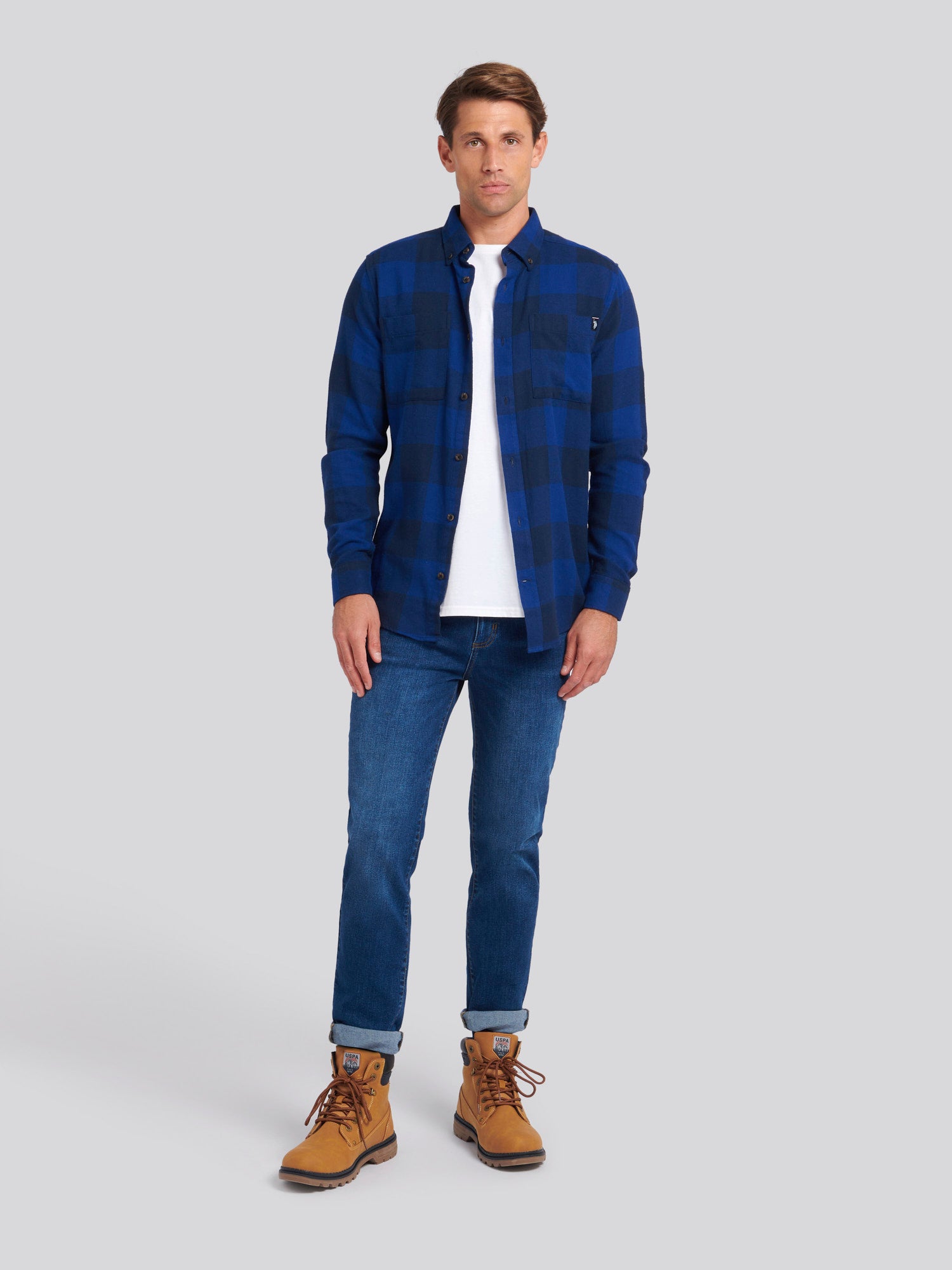 Mens Brushed Slub Buffalo Check Shirt in Navy Blue – U.S. Polo 