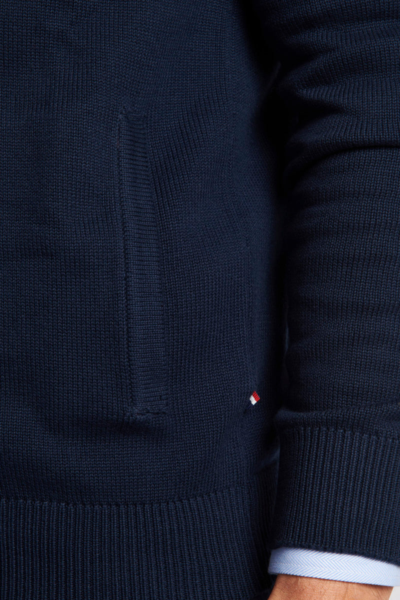 Mens Knitted Cardigan in Navy Blazer / Haute Red