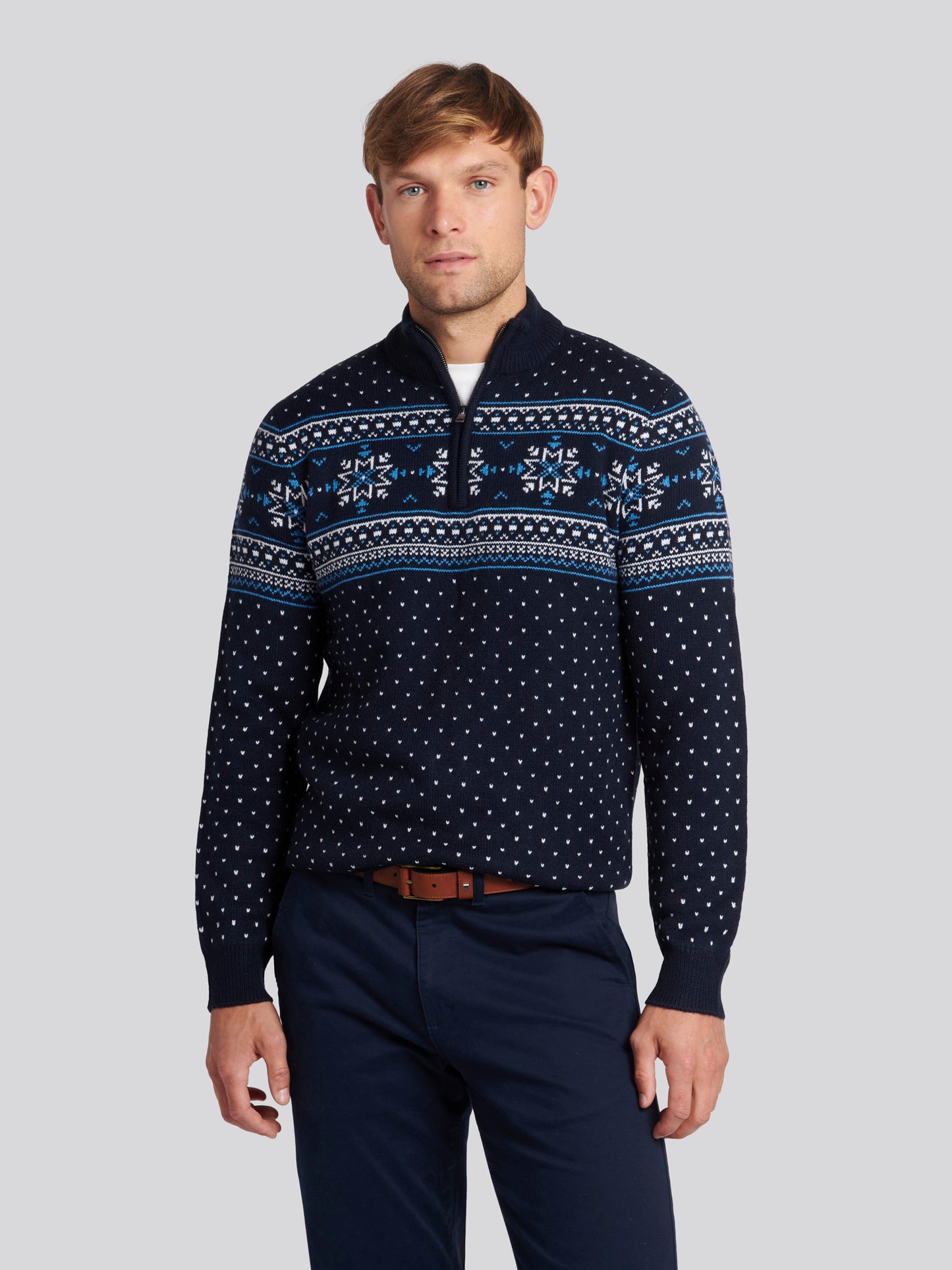 Mens Quarter Zip Fair Isle Sweatshirt in Navy Blue