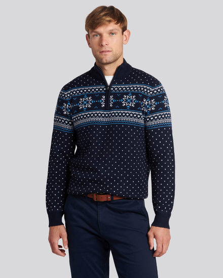 Mens Quarter Zip Fair Isle Sweatshirt in Navy Blue