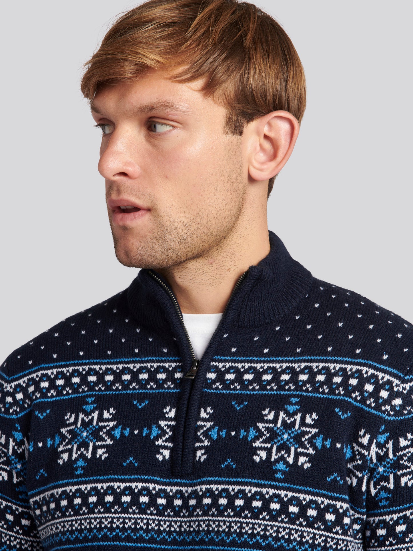 Mens Quarter Zip Fair Isle Sweatshirt in Navy Blue