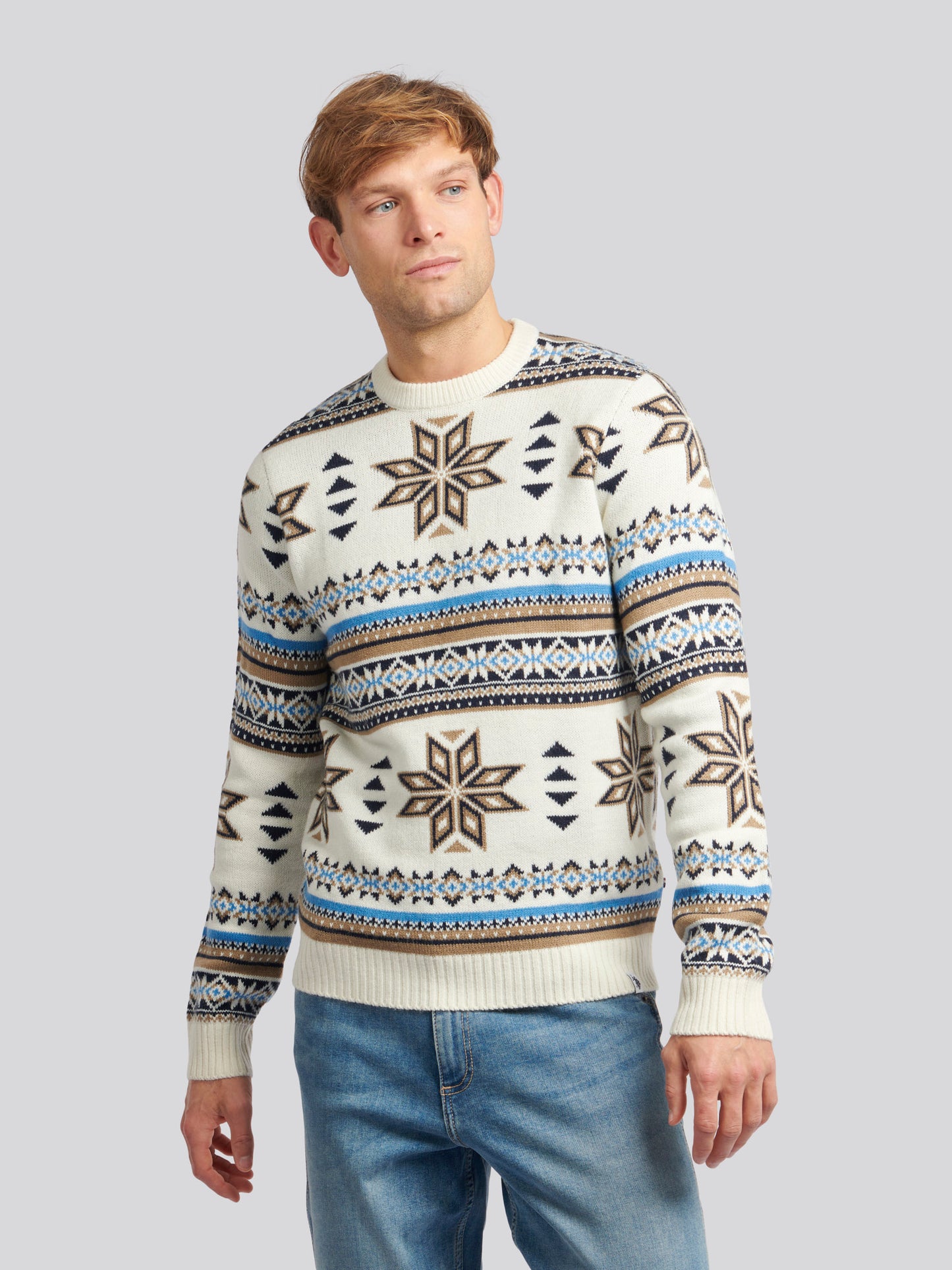 Mens Fair Isle Crew Neck Jumper in Tofu