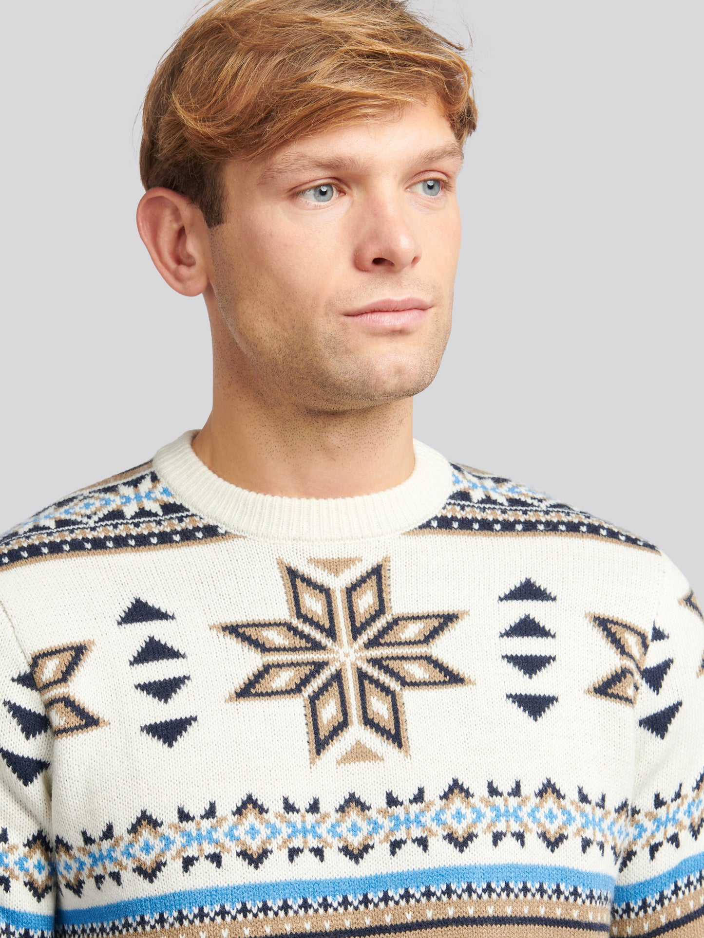 Mens Fair Isle Crew Neck Jumper in Tofu