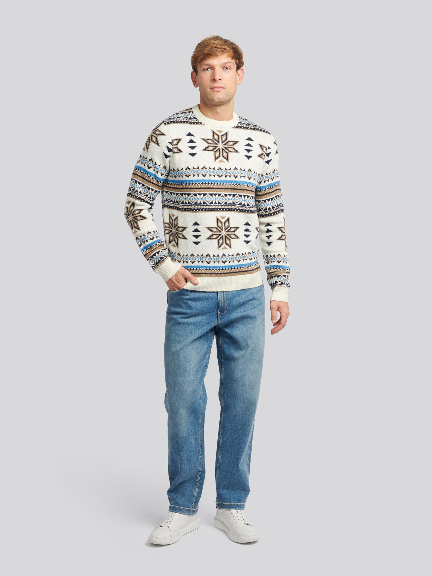 Mens Fair Isle Crew Neck Jumper in Tofu