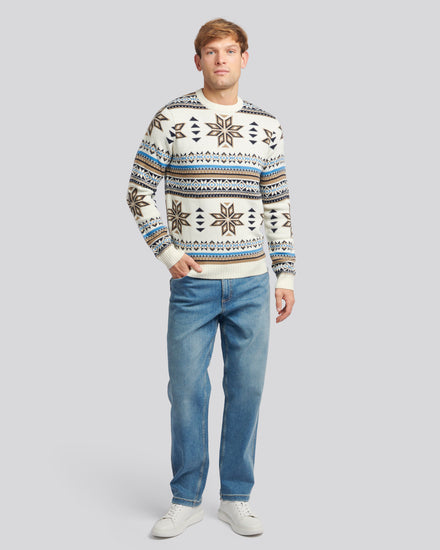 Mens Fair Isle Crew Neck Jumper in Tofu