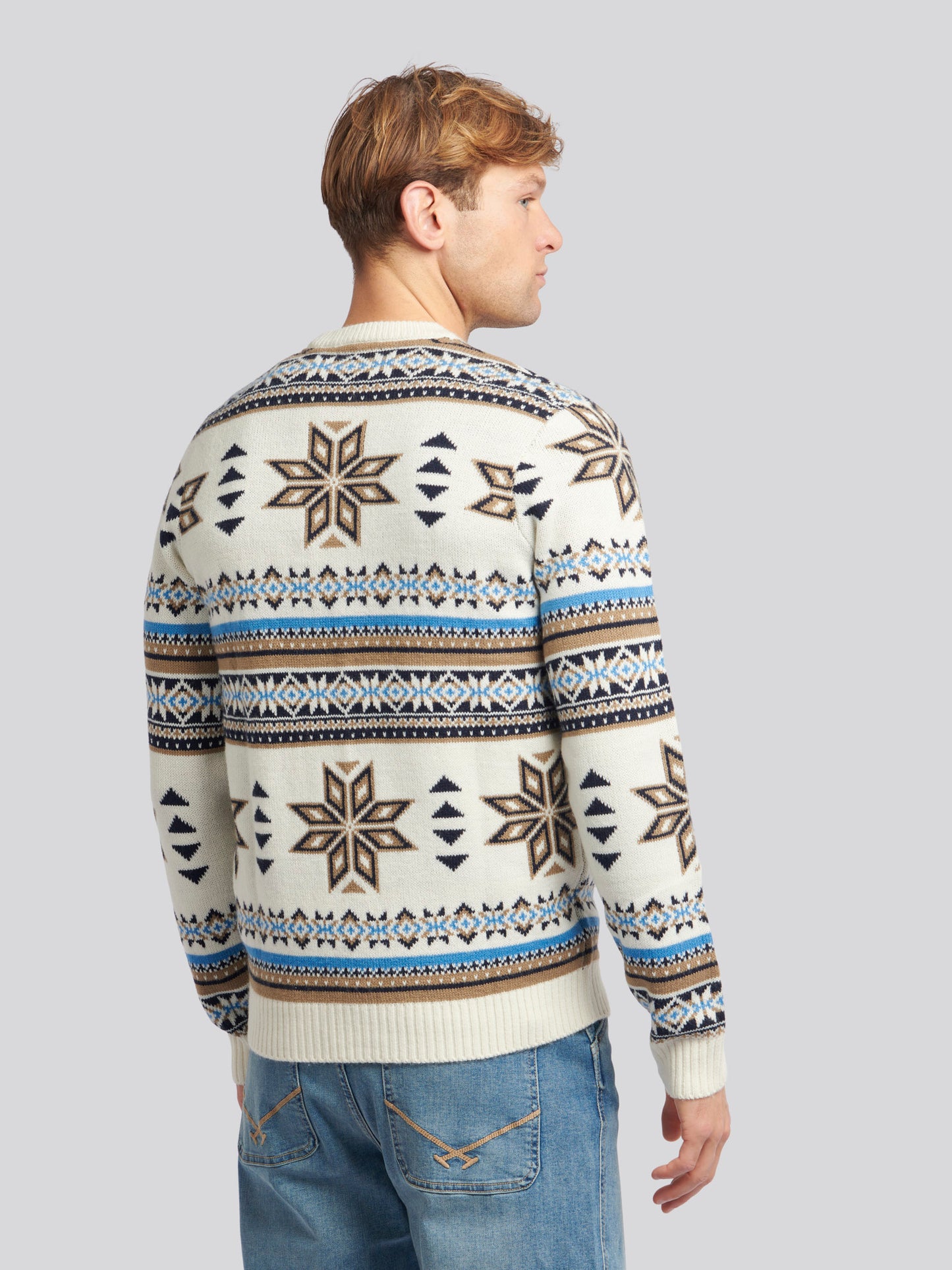 Mens Fair Isle Crew Neck Jumper in Tofu