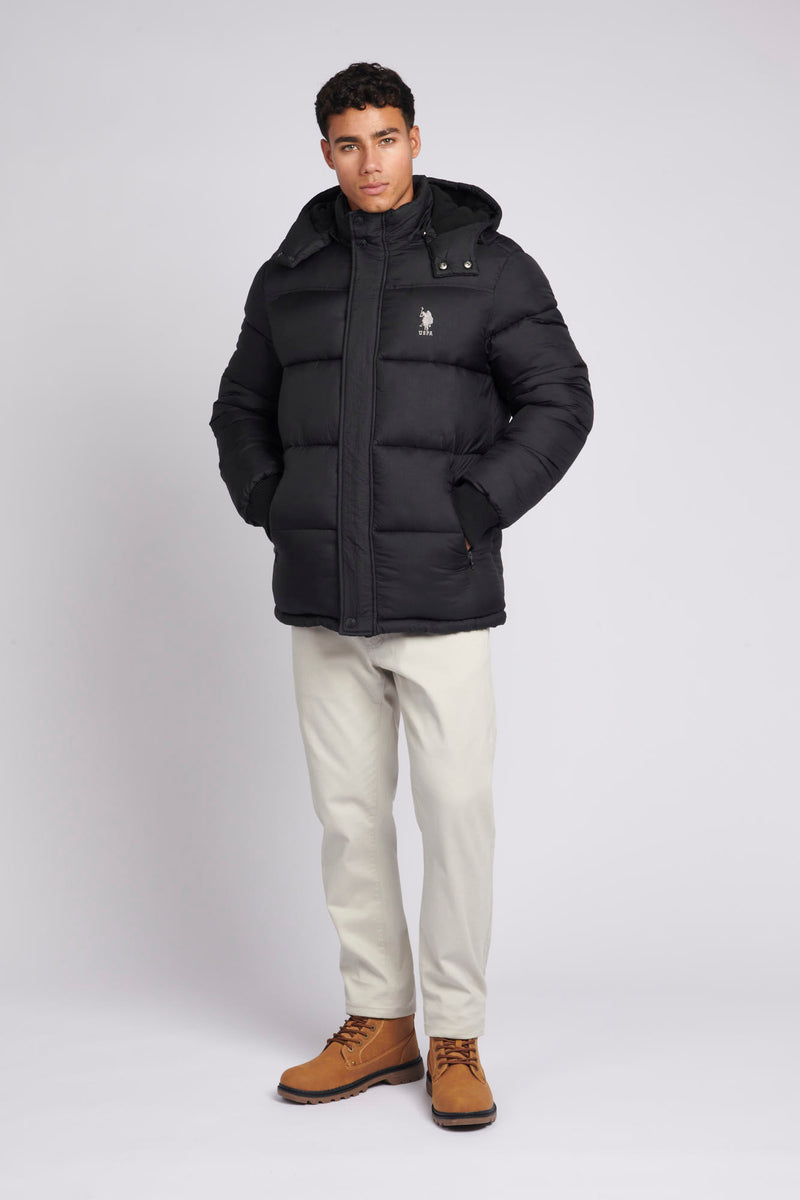 Mens Hooded Quilted Puffer Coat in Black