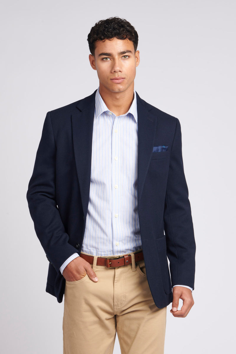 Mens Textured Pique Jersey Blazer in Navy Blue