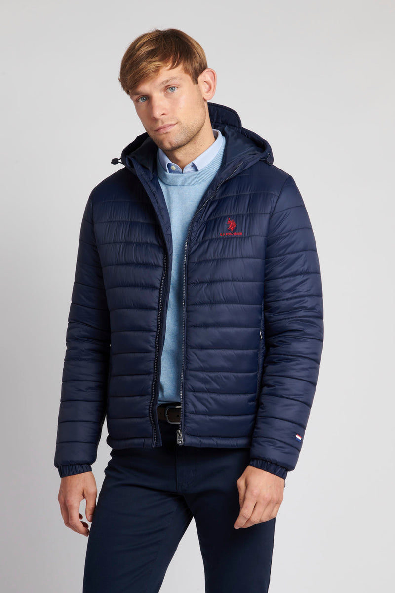 Mens Hooded Quilted Coat in Navy Blazer / Haute Red