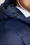 Mens Hooded Quilted Coat in Navy Blazer / Haute Red