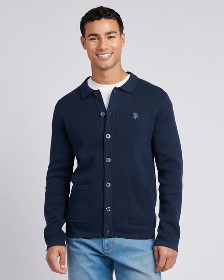 Mens Milano Stitch Long Sleeve Knit Polo in Dark Sapphire Navy / Moonlight Blue DHM