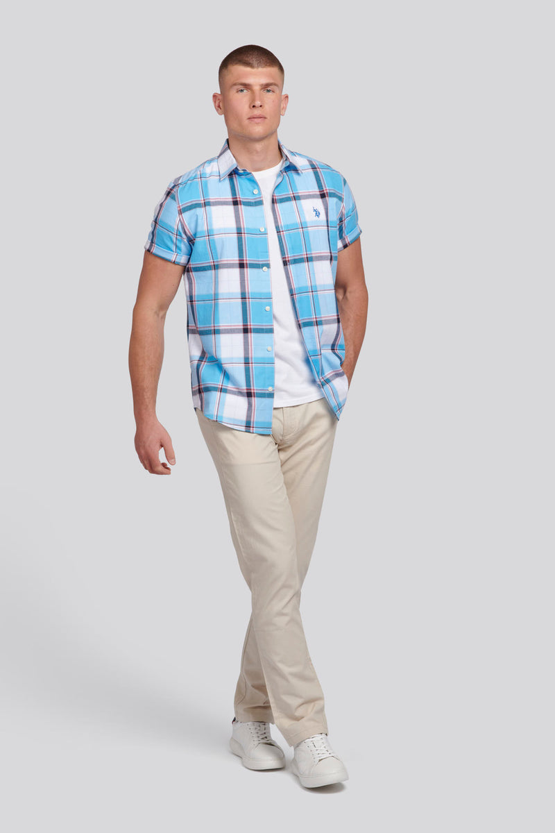 Mens Short Sleeve Check Shirt in Ethereal Blue