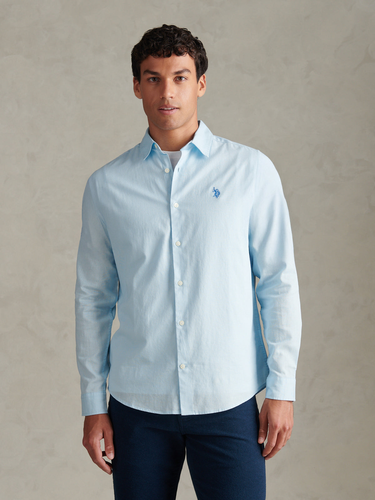 Mens Linen Blend Shirt Cool Blue