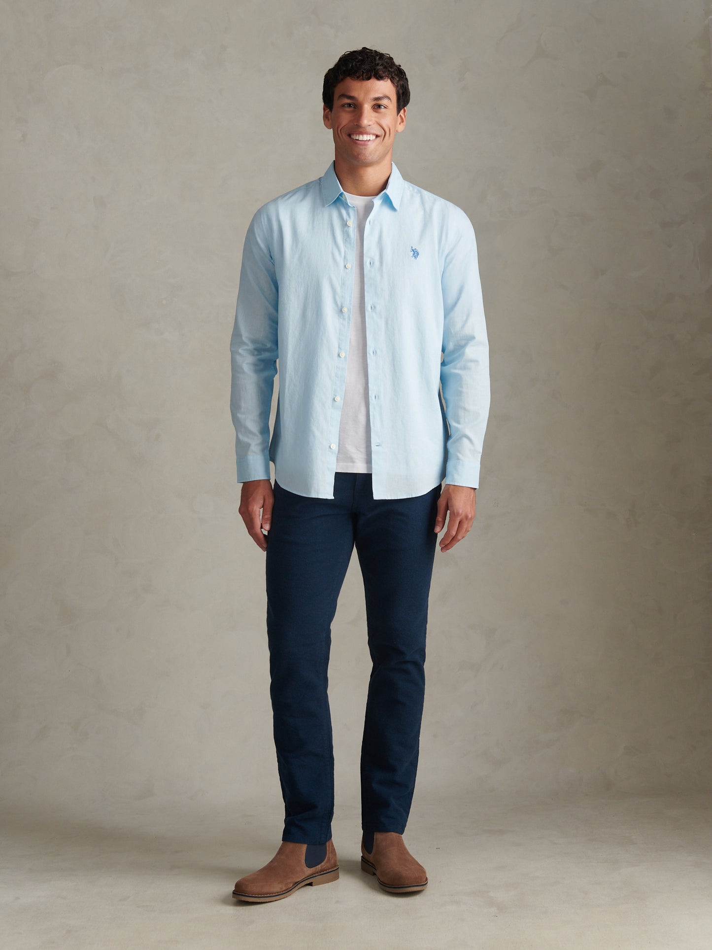 Mens Linen Blend Shirt Cool Blue
