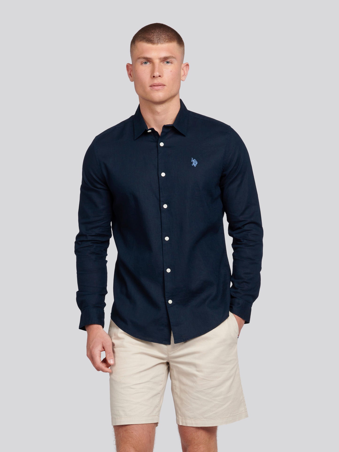 Mens Linen Blend Shirt Dark Sapphire Navy / Moonlight Blue DHM