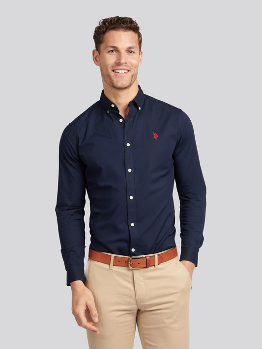 Mens Stretch Cotton Poplin Shirt in Dark Sapphire Navy / Haute Red DHM