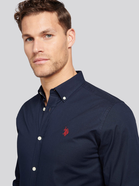 Mens Stretch Cotton Poplin Shirt in Dark Sapphire Navy / Haute Red DHM