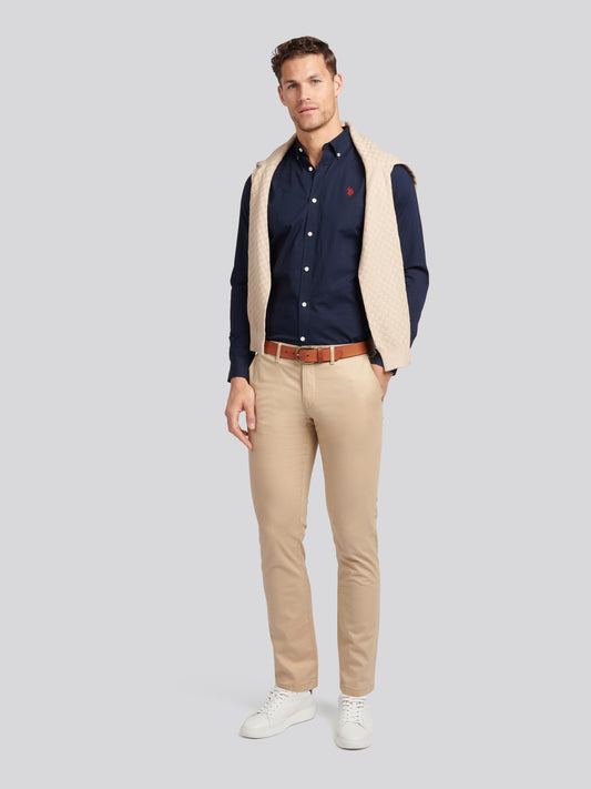 Mens Stretch Cotton Poplin Shirt in Dark Sapphire Navy / Haute Red DHM