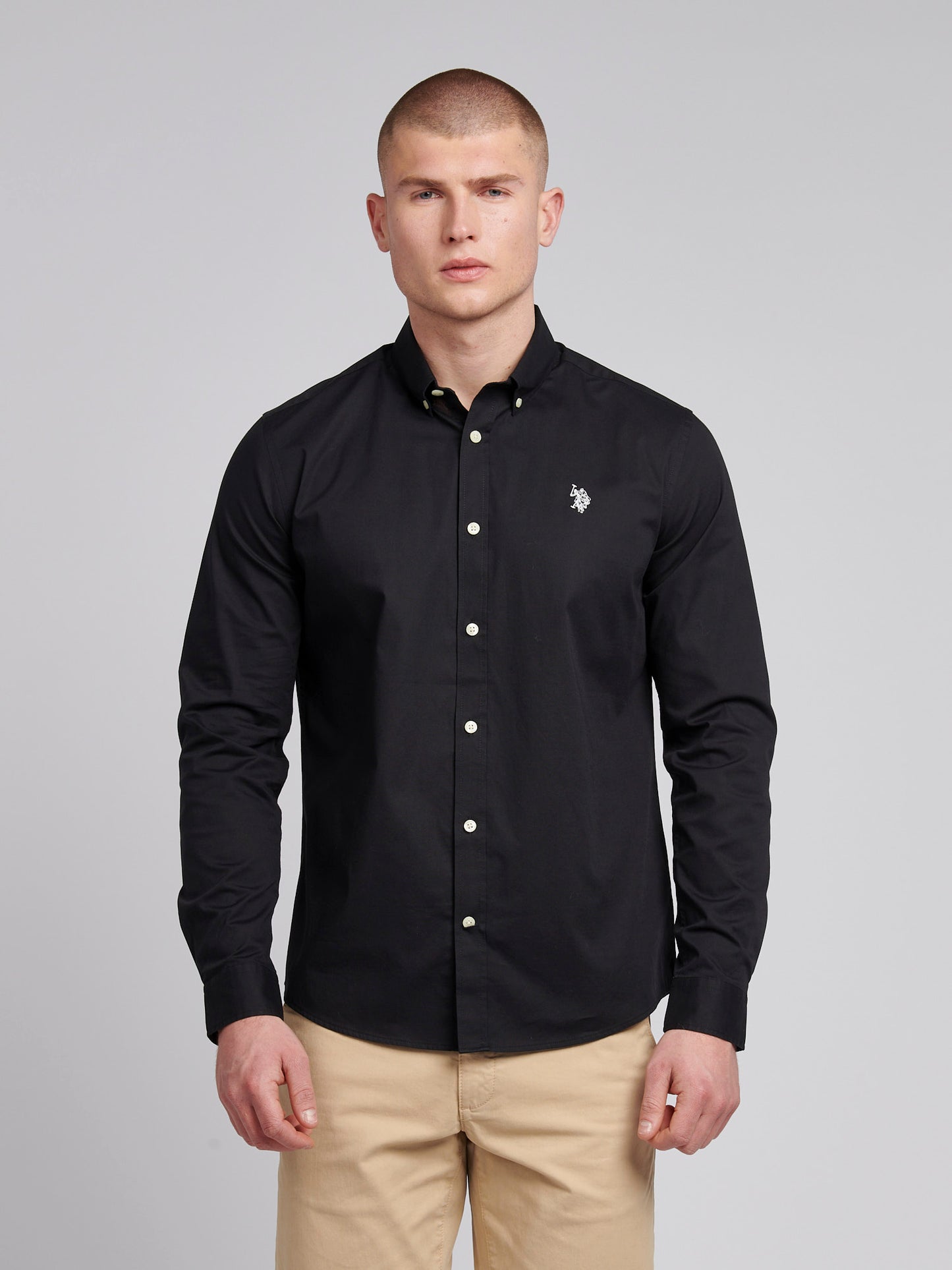 Mens Stretch Cotton Poplin Shirt in Black Bright White DHM