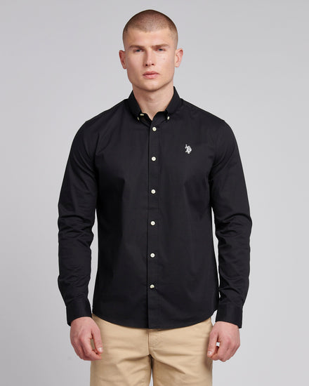 Mens Stretch Cotton Poplin Shirt in Black Bright White DHM