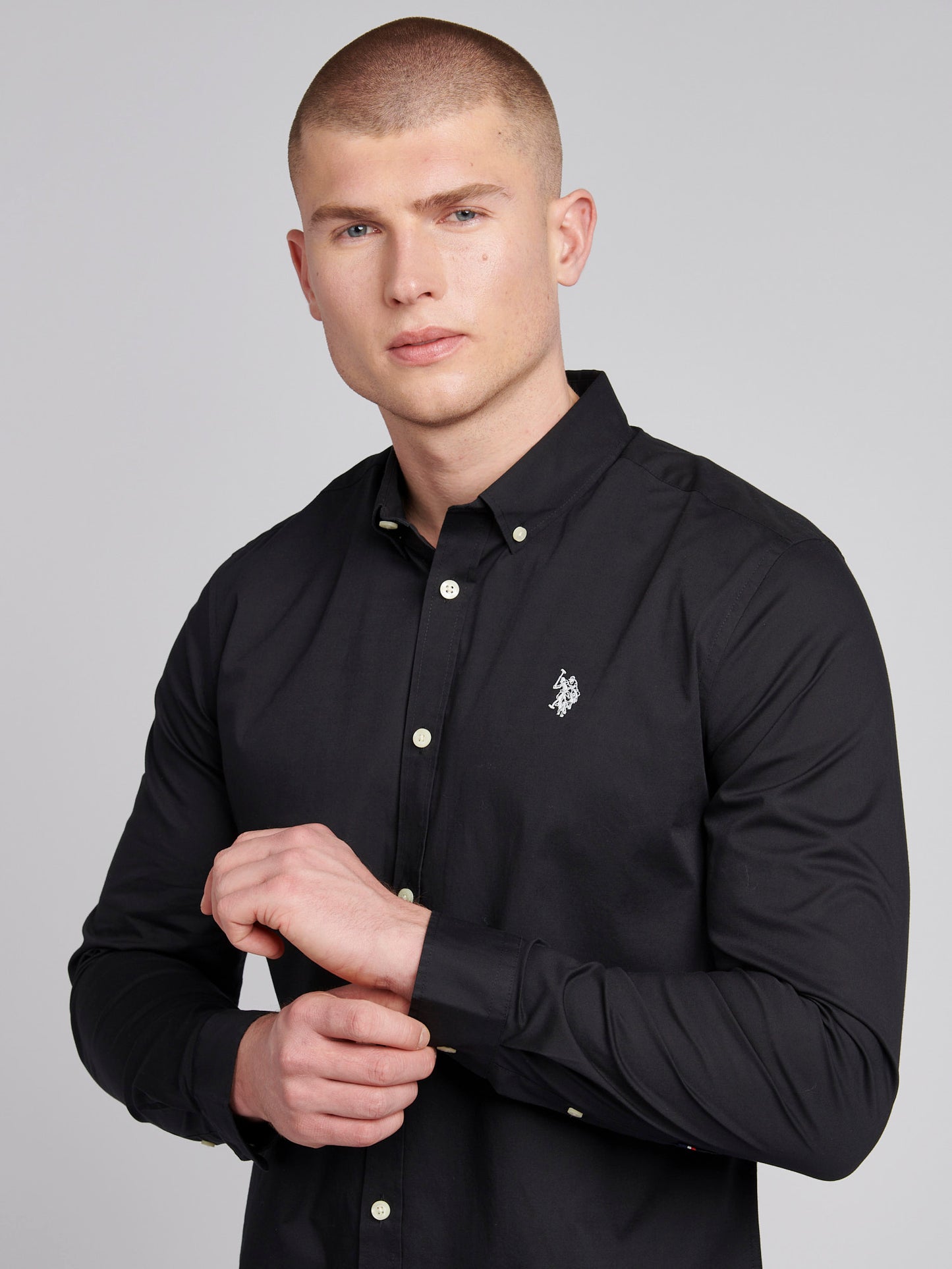 Mens Stretch Cotton Poplin Shirt in Black Bright White DHM