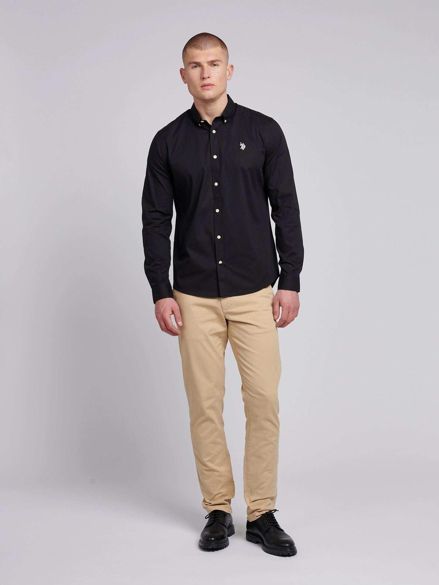 Mens Stretch Cotton Poplin Shirt in Black Bright White DHM