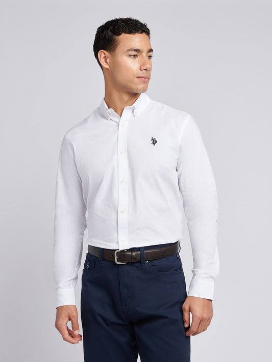 Mens Stretch Cotton Poplin Shirt in White / Dark Sapphire Navy DHM