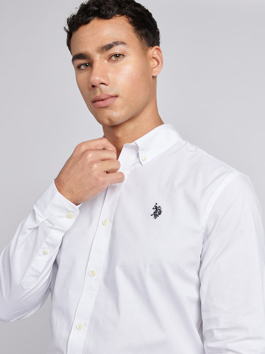 Mens Stretch Cotton Poplin Shirt in White / Dark Sapphire Navy DHM