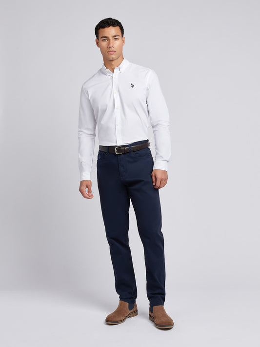 Mens Stretch Cotton Poplin Shirt in White / Dark Sapphire Navy DHM