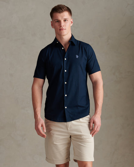 Mens Linen Blend Short Sleeve Shirt Dark Sapphire Navy / Moonlight Blue DHM