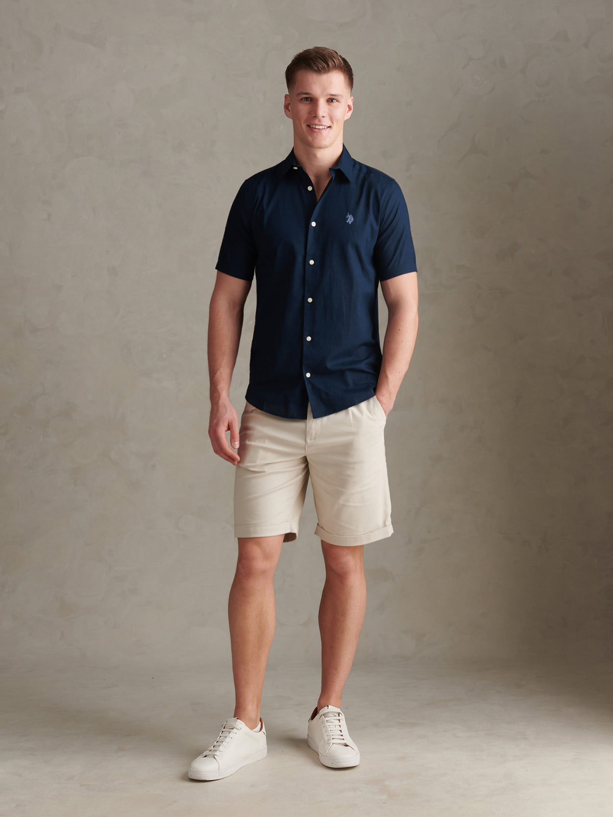 Mens Linen Blend Short Sleeve Shirt Dark Sapphire Navy / Moonlight Blue DHM