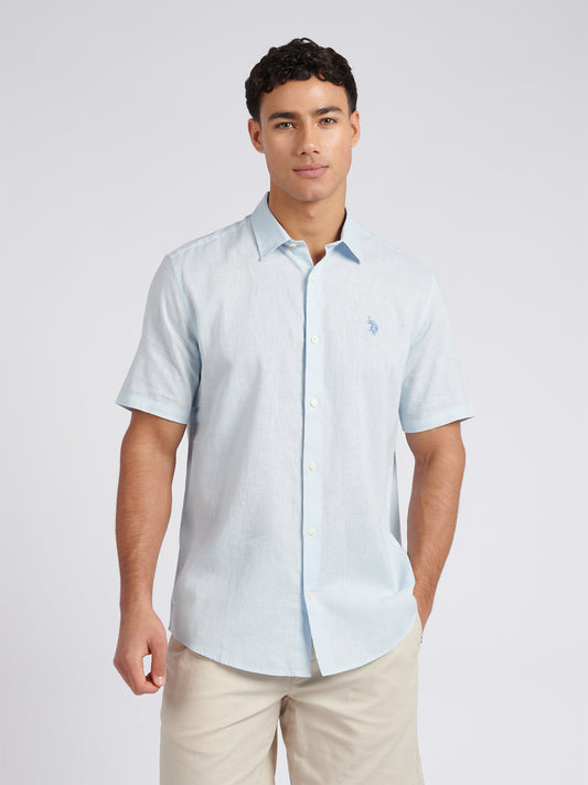 Mens Linen Blend Short Sleeve Shirt Ice Blue