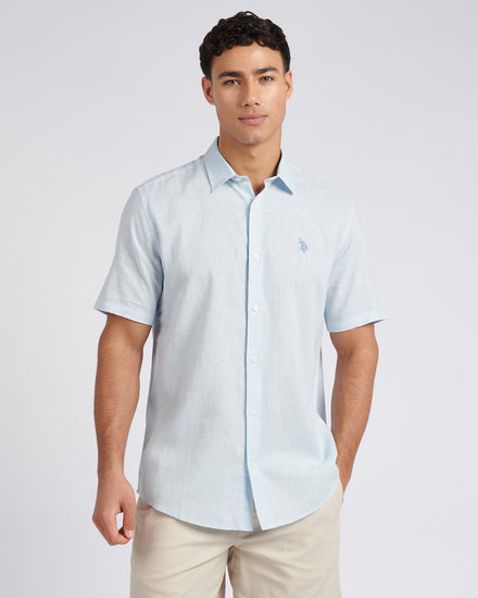 Mens Linen Blend Short Sleeve Shirt Ice Blue