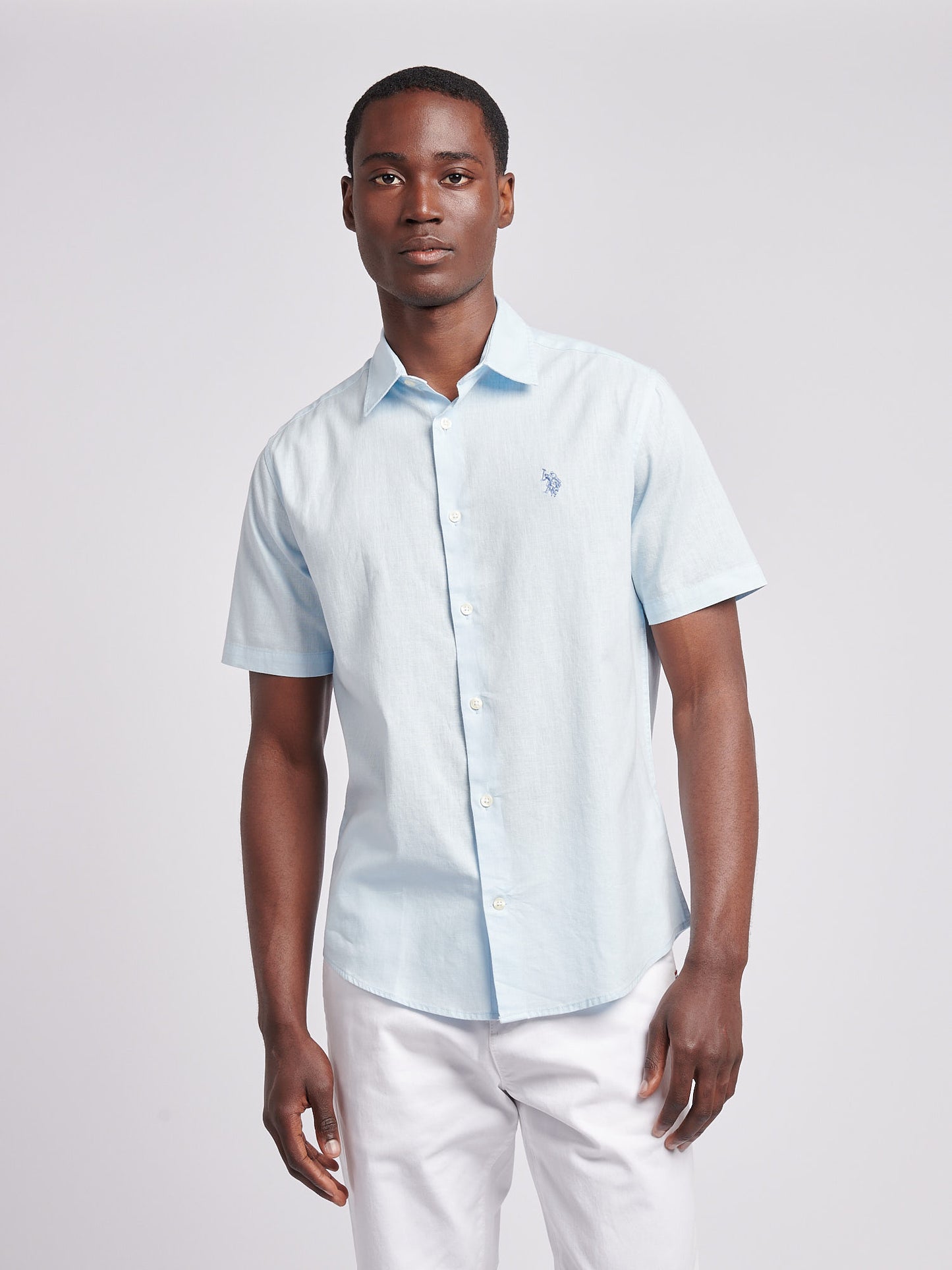 Mens Linen Blend Short Sleeve Shirt in Ice Water