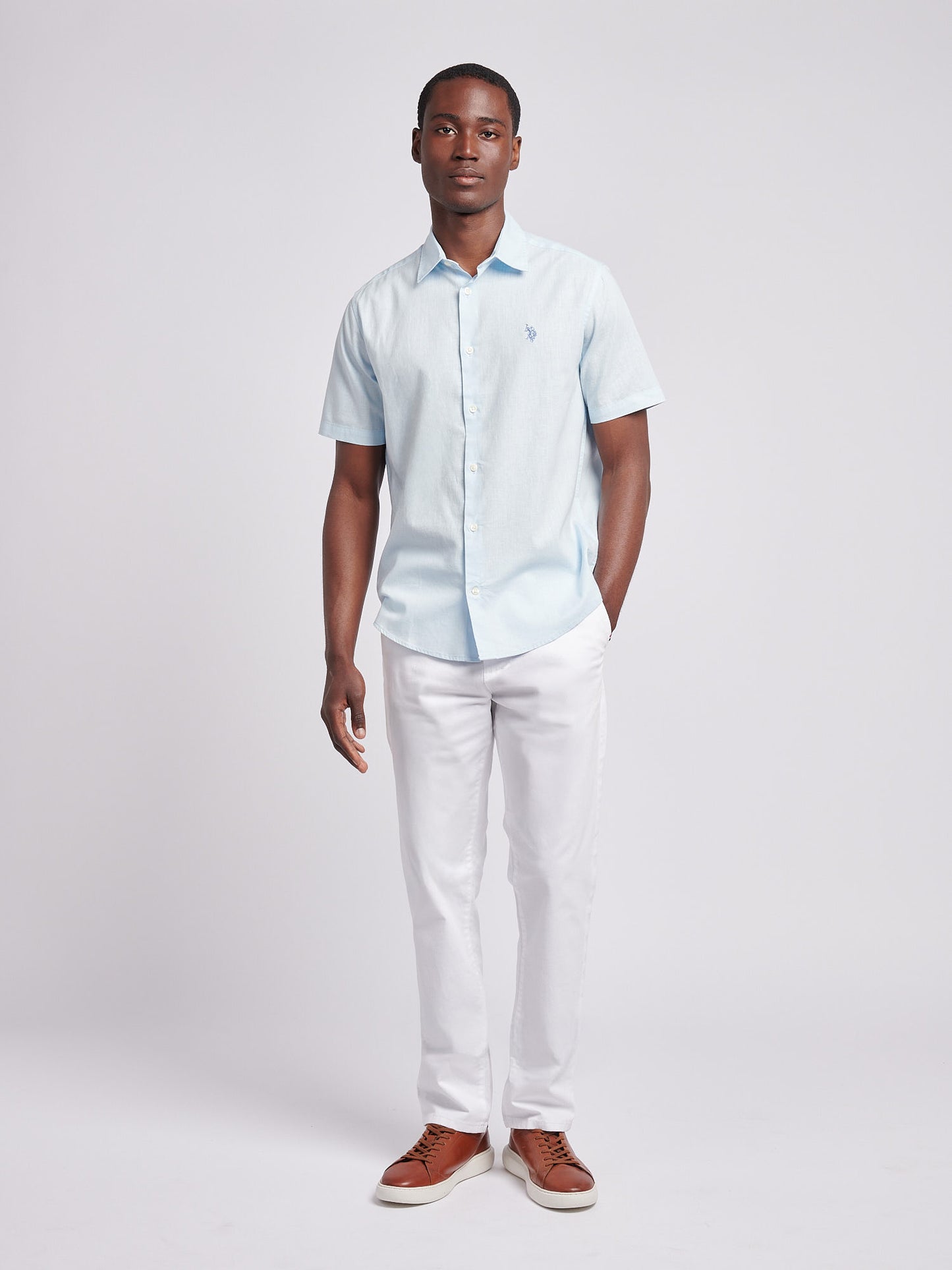 Mens Linen Blend Short Sleeve Shirt in Ice Water