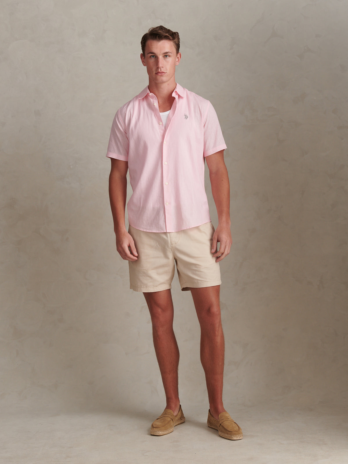 Mens Linen Blend Short Sleeve Shirt Pink a Boo